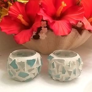 Coastal Decor Sea Glass Candle Holder Set of 2